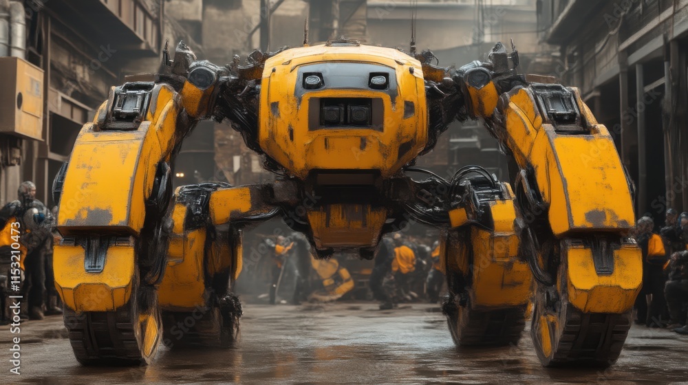 Yellow robot in dystopian city. Yellow robot in dystopian city.