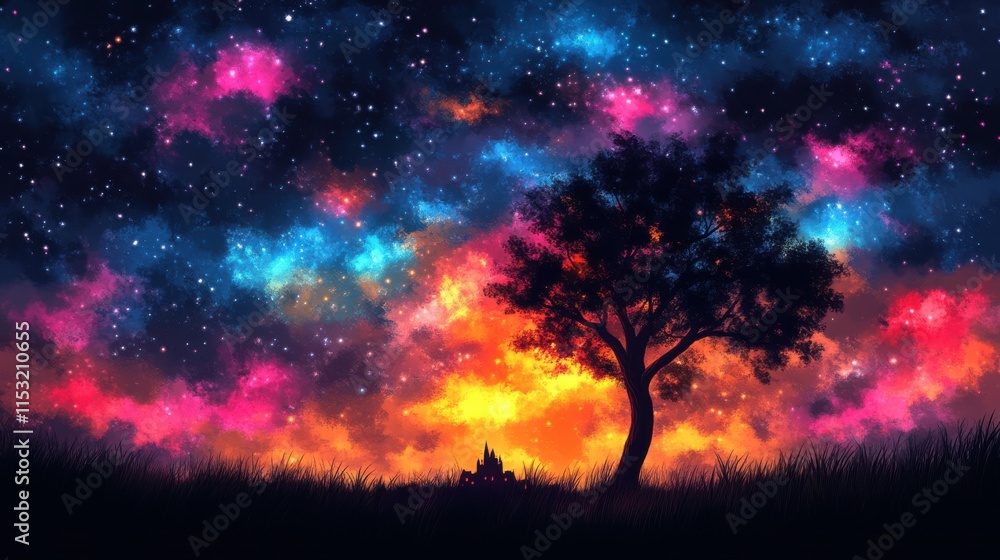 Solitary tree silhouetted against vibrant, cosmic sunset. Solitary tree silhouetted against vibrant, cosmic sunset.
