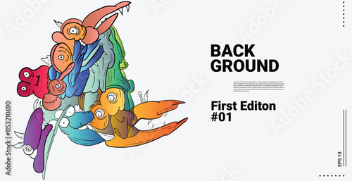 cute monster doodle art background. smile, eyes, beak, bird, scram, illustration design