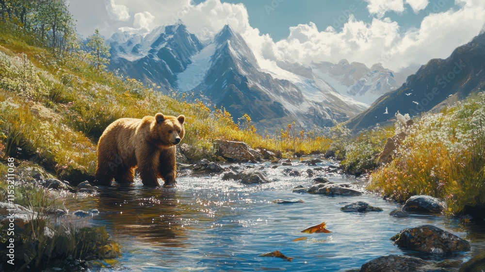 A bear catching a fish in a sparkling mountain stream, painterly style A bear catching a fish in a sparkling mountain stream, painterly style