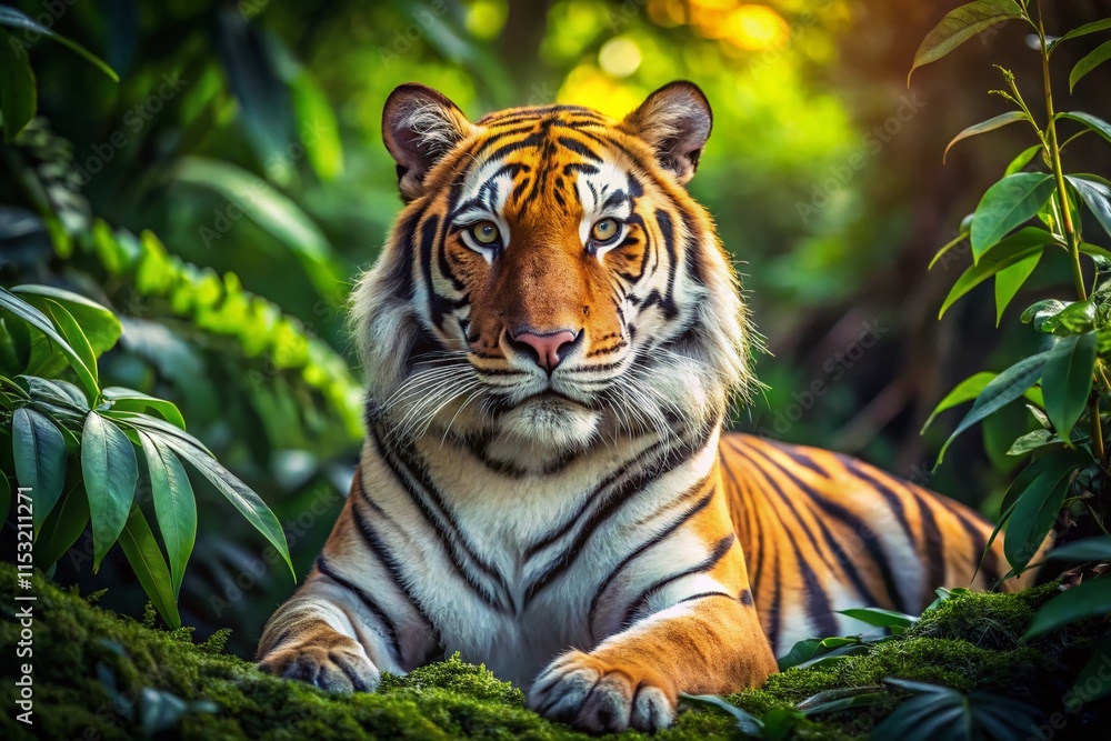 Majestic Bengal Tiger Resting in Lush Jungle Shade Majestic Bengal Tiger Resting in Lush Jungle Shade
