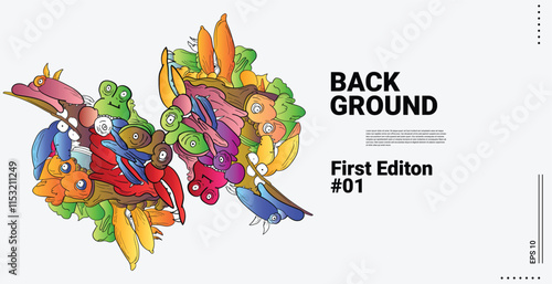 cute monster doodle art background. smile, eyes, beak, bird, scram, illustration design