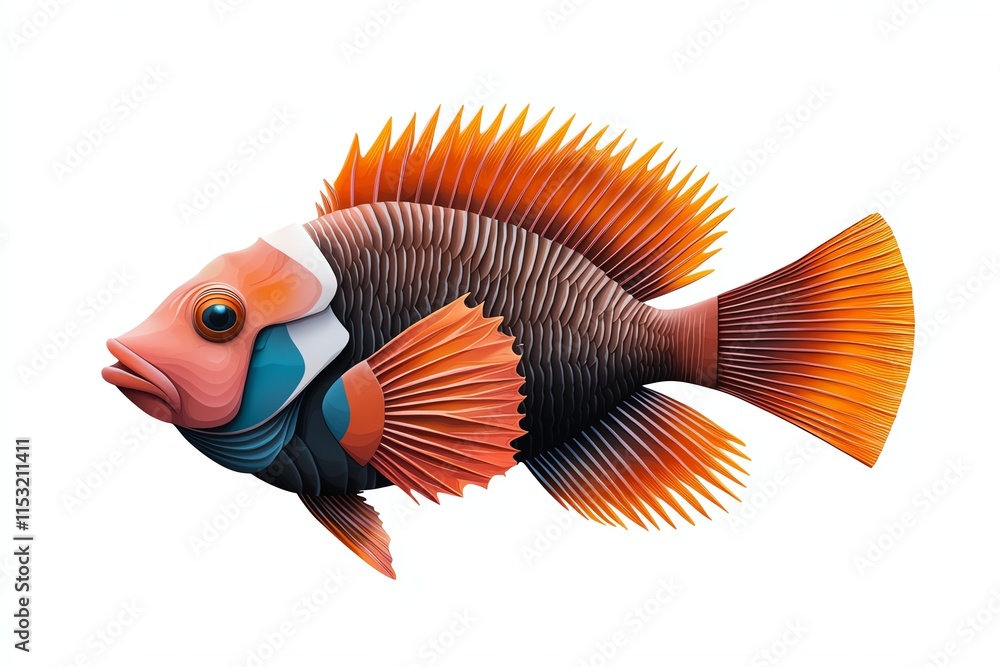Fototapeta premium A colorful, stylized fish with pronounced fins and intricate patterns swims gracefully against a plain background.