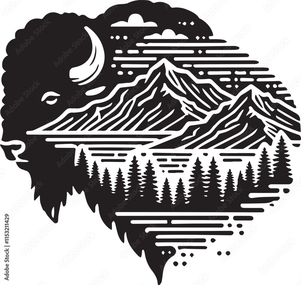 Fototapeta premium A bison head silhouette merged with mountain landscape elements