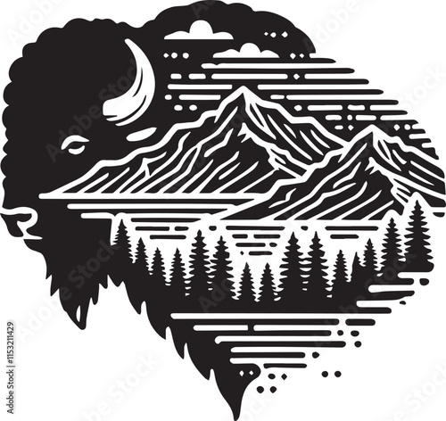 A bison head silhouette merged with mountain landscape elements