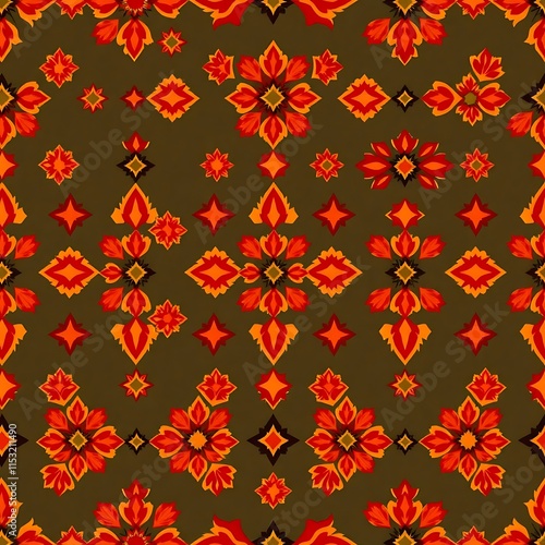 Geometric Floral Pattern: A captivating seamless pattern featuring intricate red and orange floral motifs on a rich brown background. This design embodies a vibrant and energetic aesthetic.