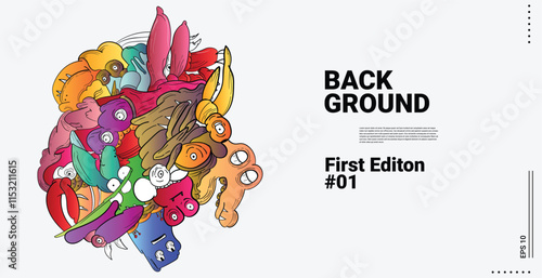 cute monster doodle art background. smile, eyes, beak, bird, scram, illustration design