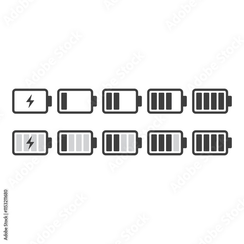 Battery illustration set, flat symbols of batteries