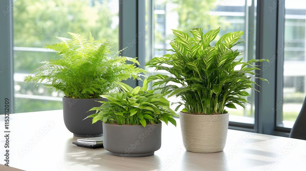 Fototapeta premium Lush Green Plants on Modern Desk Setup Creating a Refreshing Atmosphere in Contemporary Workspace with Natural Light Enhancing Productivity and Calmness