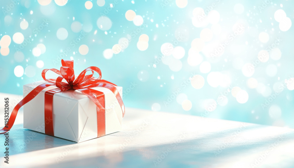 Holiday table with a white gift box, red ribbons, and blurred warm and cool bokeh. Holiday table with a white gift box, red ribbons, and blurred warm and cool bokeh.