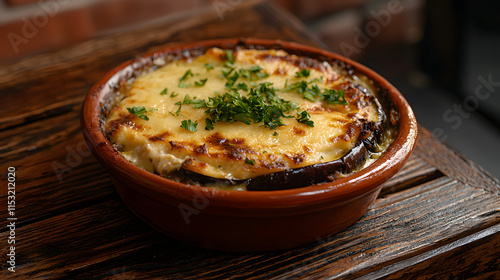 Traditional Greek Moussaka with Layers of Eggplant and Cheese