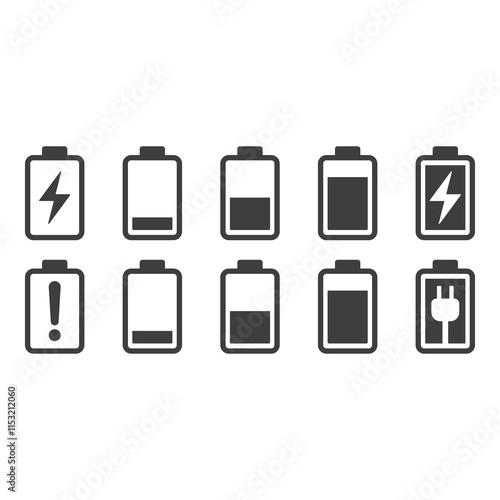 Battery illustration set, flat symbols of batteries
