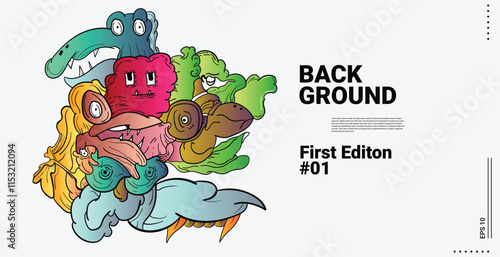 cute monster doodle art background. smile, eyes, beak, bird, scram, illustration design