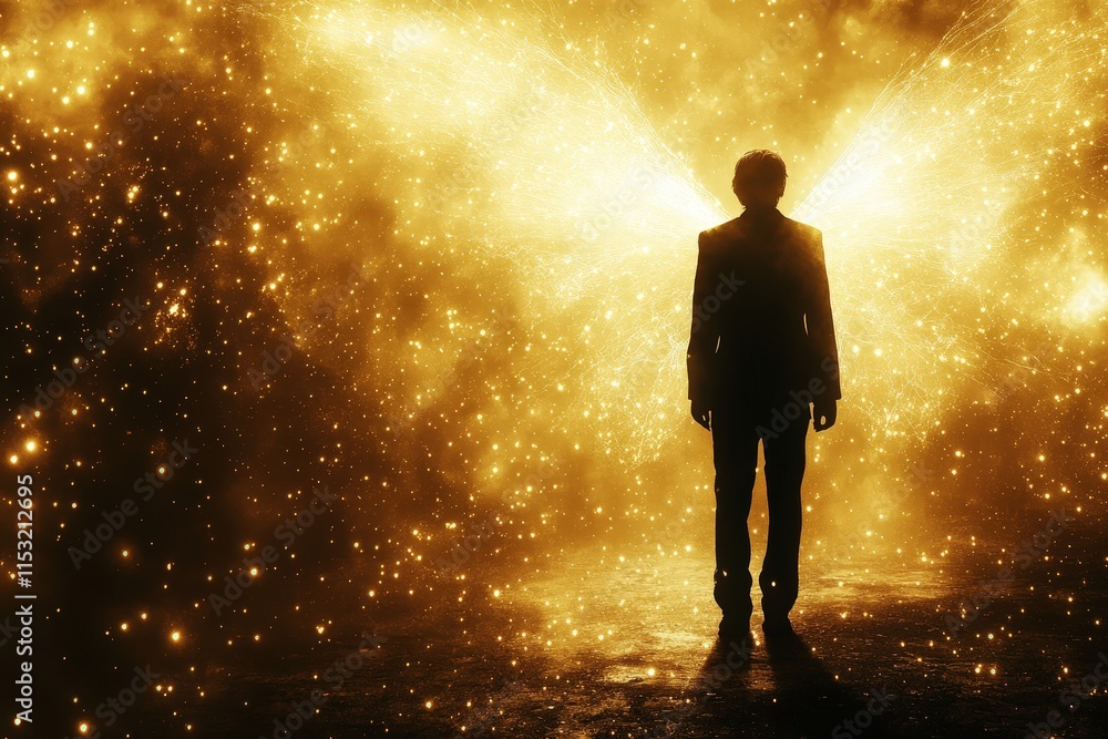 A silhouette of a man in a suit stands surrounded by glowing golden particles, with ethereal butterfly wings emerging behind him, symbolizing transformation. A silhouette of a man in a suit stands surrounded by glowing golden particles, with ethereal butterfly wings emerging behind him, symbolizing transformation.