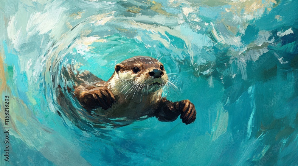 Fototapeta premium A playful otter swimming in a clear blue river, impressionistic art style