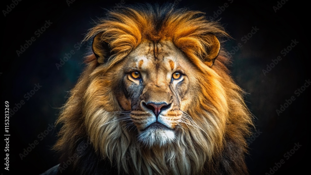 Fototapeta premium Majestic Dark Lion: Powerful Gaze, High Contrast Surreal Portrait
