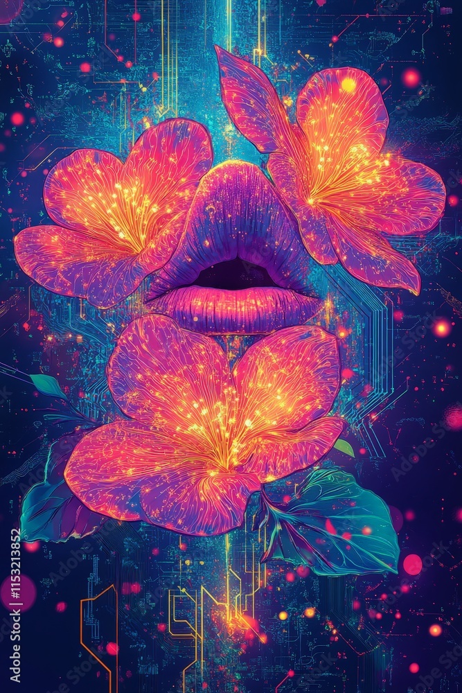 Fototapeta premium Vivid neon lilies intertwine, radiating colors in a cyberpunk aesthetic. This artwork merges floral beauty with futuristic technology, perfect for Valentine's Day celebrations. Generative AI