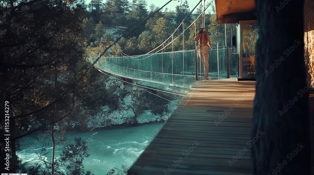 Obraz premium stunning hyper-modern glass bridge over river: a perfect poster for sporty interiors, showcasing intricate engineering and surrounding lush greenery