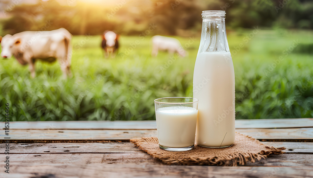 bottle and a glass of fresh milk on an old wooden table and dairy cows cattle grazing in a green meadow in the background. Milk price drop. Copy space bottle and a glass of fresh milk on an old wooden table and dairy cows cattle grazing in a green meadow in the background. Milk price drop. Copy space