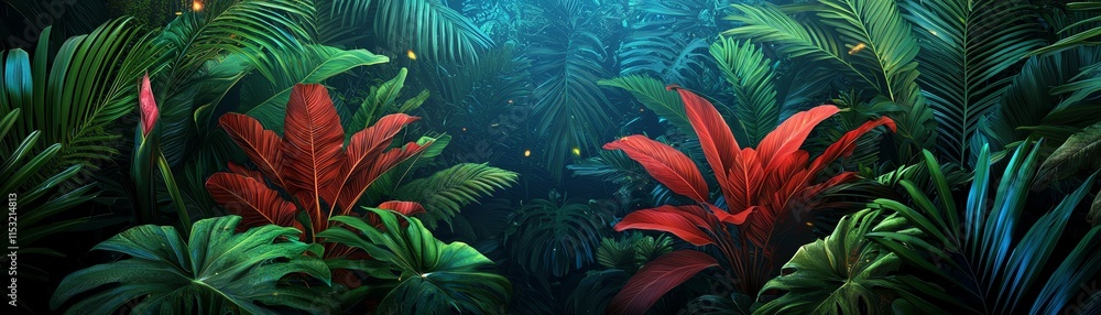 Lush tropical foliage featuring vibrant red and green plants, set against a serene, illuminated background of blues and greens. Lush tropical foliage featuring vibrant red and green plants, set against a serene, illuminated background of blues and greens.