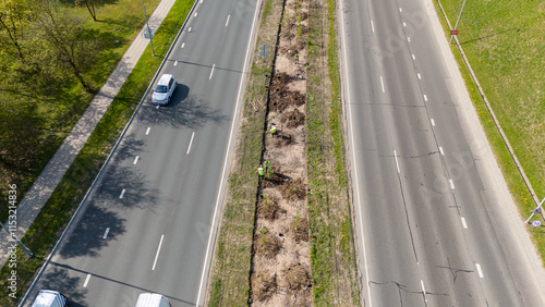 Aerial View of Highway with Tree Planting on Median