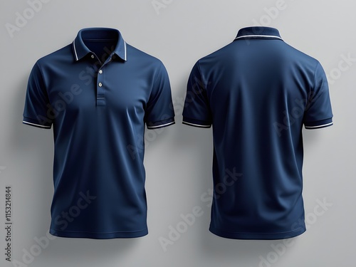 Navy Blue Polo Shirt Mockup Front And Back View White Trim photo