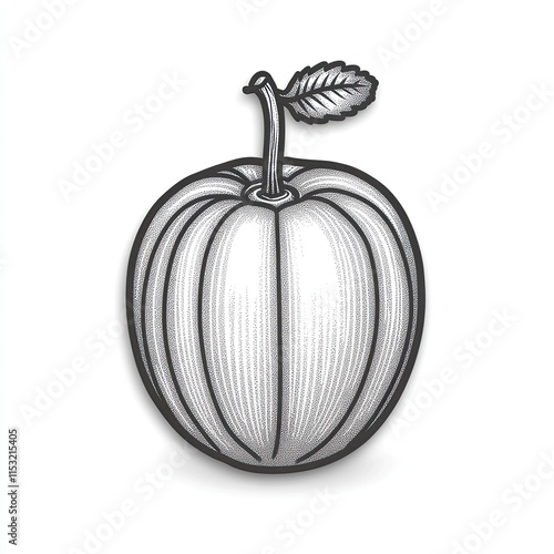 Engraved illustration of a single apple with leaf photo