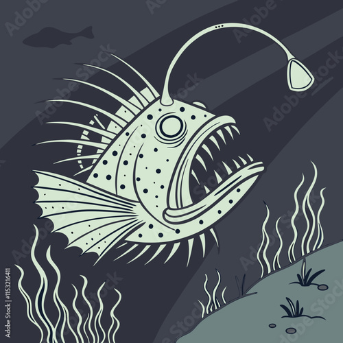 "Vector artwork of an anglerfish in the deep sea, showcasing its eerie beauty and underwater habitat."