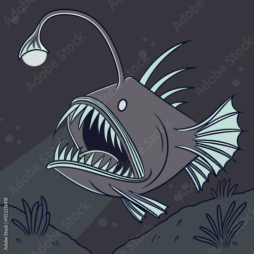 "Vector artwork of an anglerfish in the deep sea, showcasing its eerie beauty and underwater habitat."