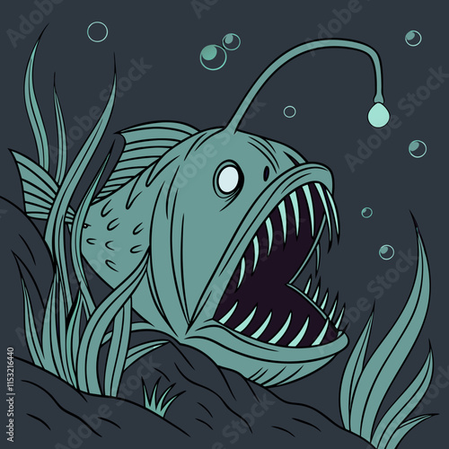 "Vector artwork of an anglerfish in the deep sea, showcasing its eerie beauty and underwater habitat."
