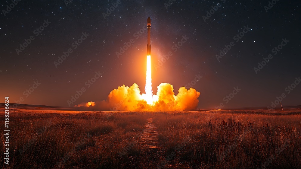 Obraz premium Rocket Launch Under Night Sky Starry Expanse
