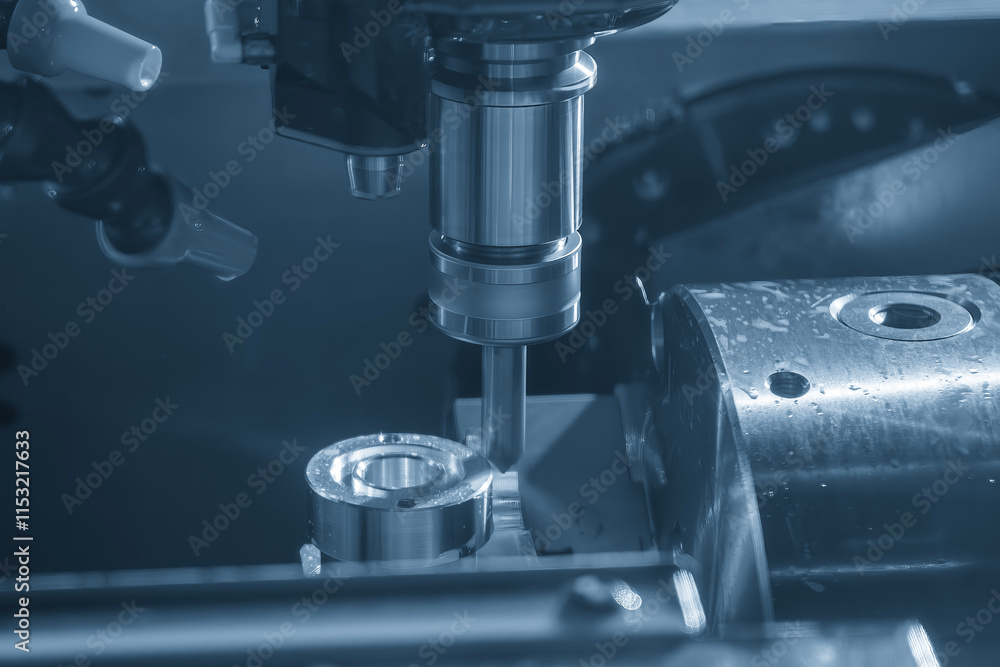The CNC milling machine chamfer cutting part by chamfer tool in the light blue scene. The CNC milling machine chamfer cutting part by chamfer tool in the light blue scene.