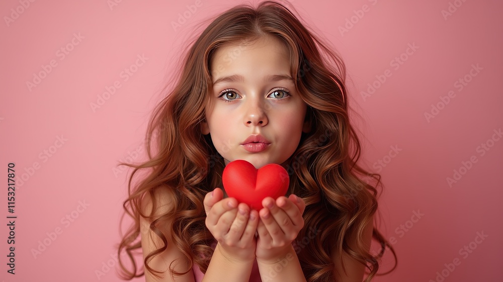 Girl holding red hearts and blowing a kiss on pink background Girl holding red hearts and blowing a kiss on pink background