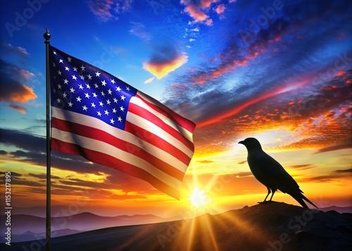 Majestic Night Bird Silhouette Against National Flag at Dusk photo