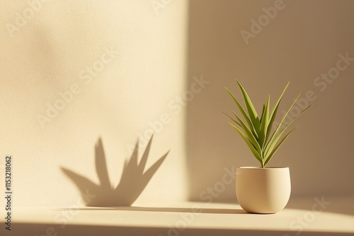 Green Indoor Plant in White Ceramic Pot Against a Softly Lit Neutral Wall photo