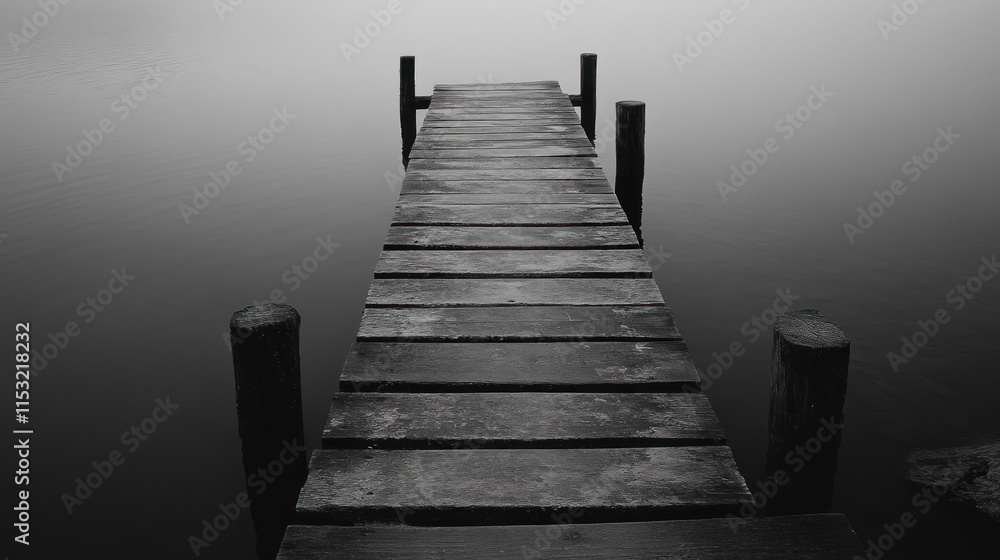 Fototapeta premium A serene wooden dock extends into a calm, misty water landscape, evoking tranquility.