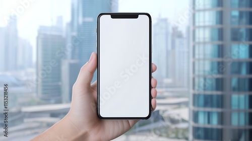 A hand holding a smartphone with a blank canvas, against a colorful city skyline backdrop photo