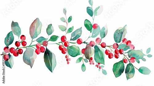 Wallpaper Mural Christmas holly with red berries, watercolor clip art, vector illustration isolated on a white background Torontodigital.ca