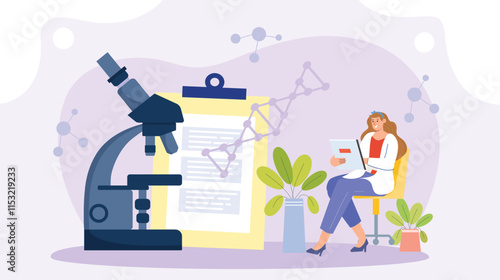 An advanced biotech research illustration featuring a detailed DNA structure, molecular models, and laboratory equipment, emphasizing cutting-edge scientific exploration and innovation.