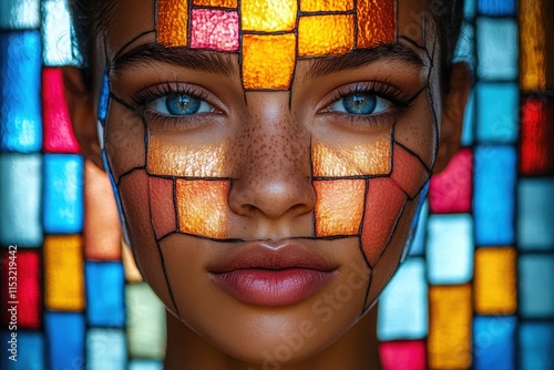 Close-up portrait of a young woman with striking blue eyes, featuring vibrant stained glass patterns on her face and a captivating expression.