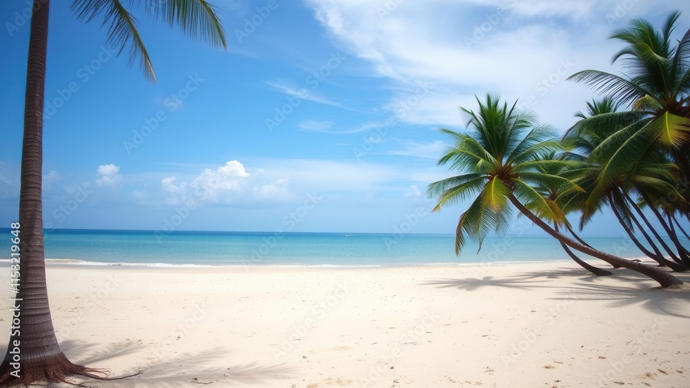 Serene Tropical Beach Scene with Crystal Clear Waters, Gentle Waves, and Lush Green Palm Trees Under a Bright Blue Sky on a Sunny Day Serene Tropical Beach Scene with Crystal Clear Waters, Gentle Waves, and Lush Green Palm Trees Under a Bright Blue Sky on a Sunny Day