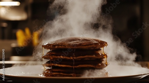 Steaming Stack of Pancakes Drizzled With Syrup photo