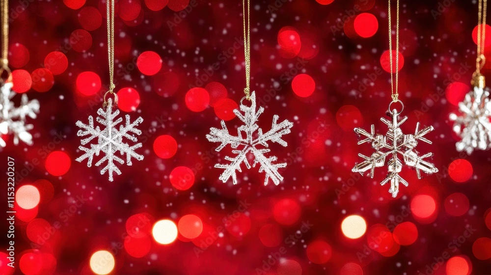 Sparkling Silver Snowflakes Hanging Against Red Lights Sparkling Silver Snowflakes Hanging Against Red Lights
