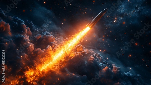 Fiery Rocket Ascending Through Cosmic Clouds photo