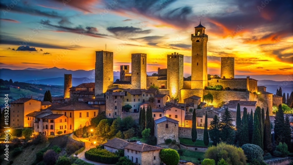 Obraz premium Majestic San Gimignano Castle at Dusk: Low Light Tuscan Evening