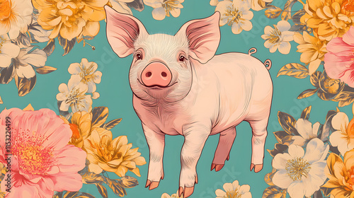 Picture of cute pig, pork, processed food, photograph or illustrator for advertising