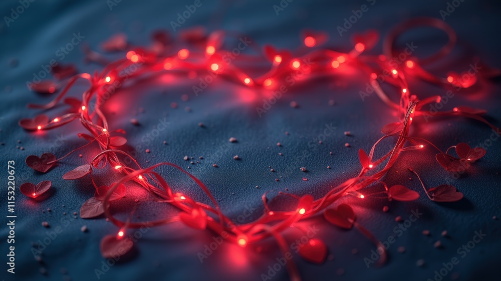Heart-shaped red fairy lights on dark blue surface Heart-shaped red fairy lights on dark blue surface