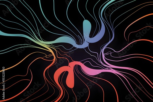 Vibrant Colorful Wavy Lines on Black Background Creating Fluid and Dynamic Abstract Pattern. photo