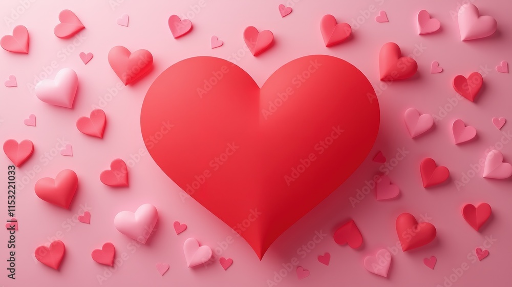 Large red heart surrounded by smaller hearts on pink background Large red heart surrounded by smaller hearts on pink background
