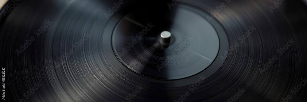 Close-Up of a Spinning Vinyl Record on Turntable with Soft Focus Background, Highlighting the Textures and Details of the Black Disc and Center Pin Close-Up of a Spinning Vinyl Record on Turntable with Soft Focus Background, Highlighting the Textures and Details of the Black Disc and Center Pin